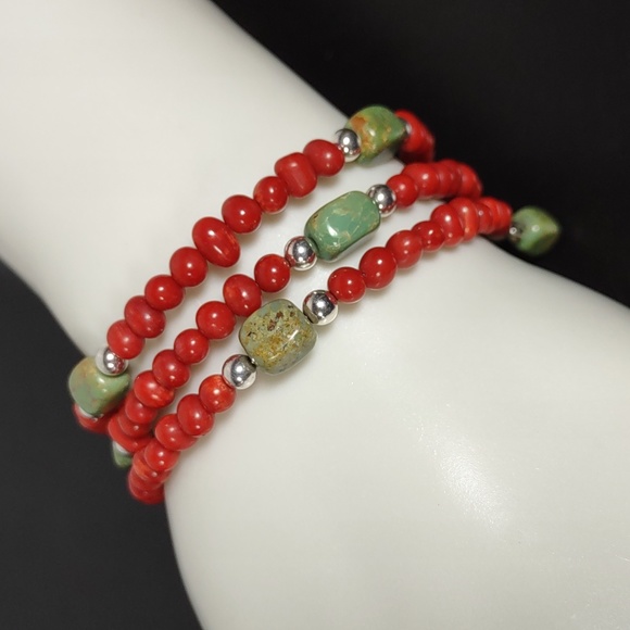 Coral/Turquoise/Sterling Silver Coil Bracelet - Picture 2 of 7